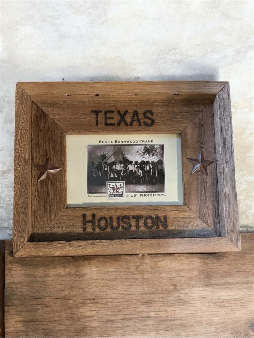 Houston Texas photo frame 4”x 6” home rustic wood stars stamped embossed writing